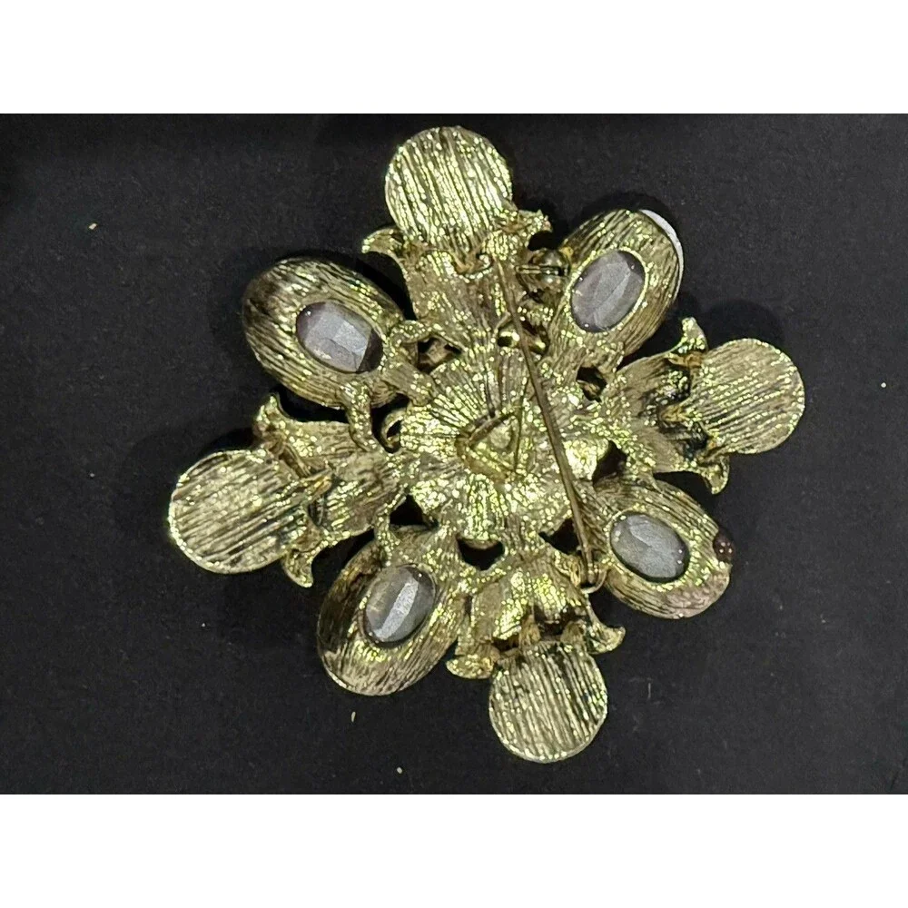 Large Gold Tone Floral Brooch - Multi-Color Faux Gemstone Pin Costume Jewelry